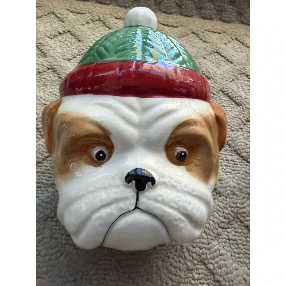 SLEIGHBELL BISTRO Christmas Santa Pug Bulldog Ceramic Cookie Jar